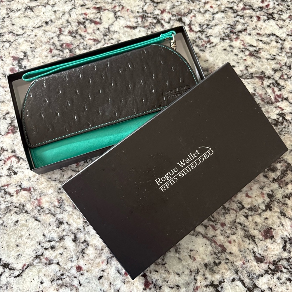 REAL LEATHER RFID Shield Black and Turquoise Wallet - Like New Condition